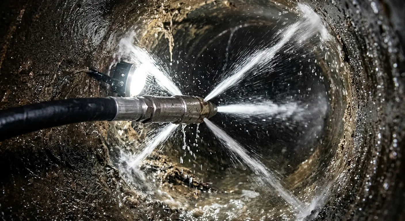 High-pressure hydro jetting nozzle cleaning sewer pipe for Sewer Line Relining in Kenai