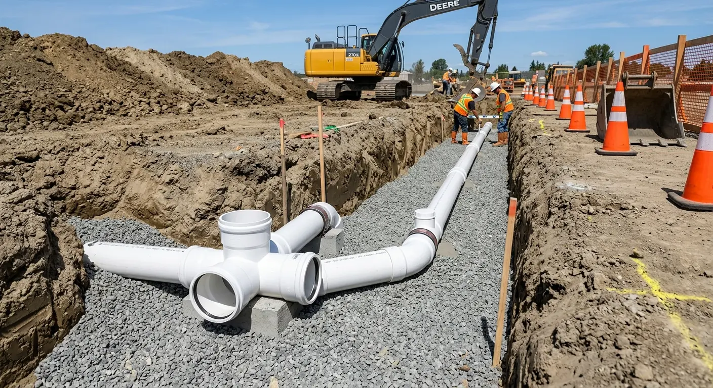 New PVC sewer pipe installation in open trench for Sewer Backup in Kenai