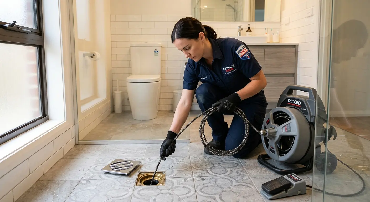 Technician clearing a bathroom floor drain for Drain Cleaning in Kenai